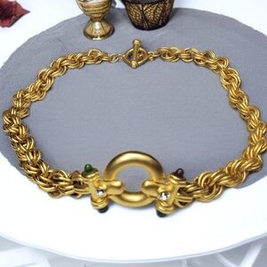 JESARA Vintage 1980's Matte Gold Glass Cabochon Byzantine Chunky Necklace